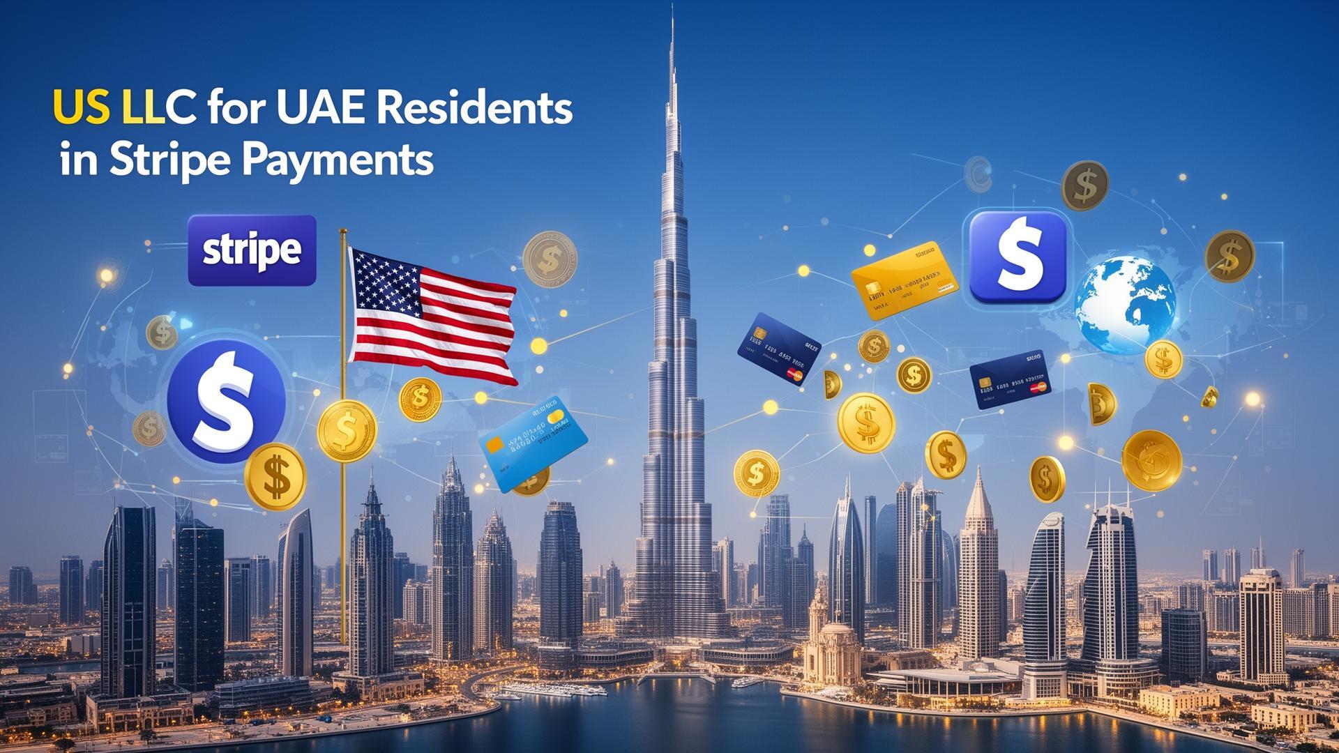 UAE entrepreneurs accessing US banking and Stripe payments through US LLC formation - Dubai skyline connected to American business infrastructure