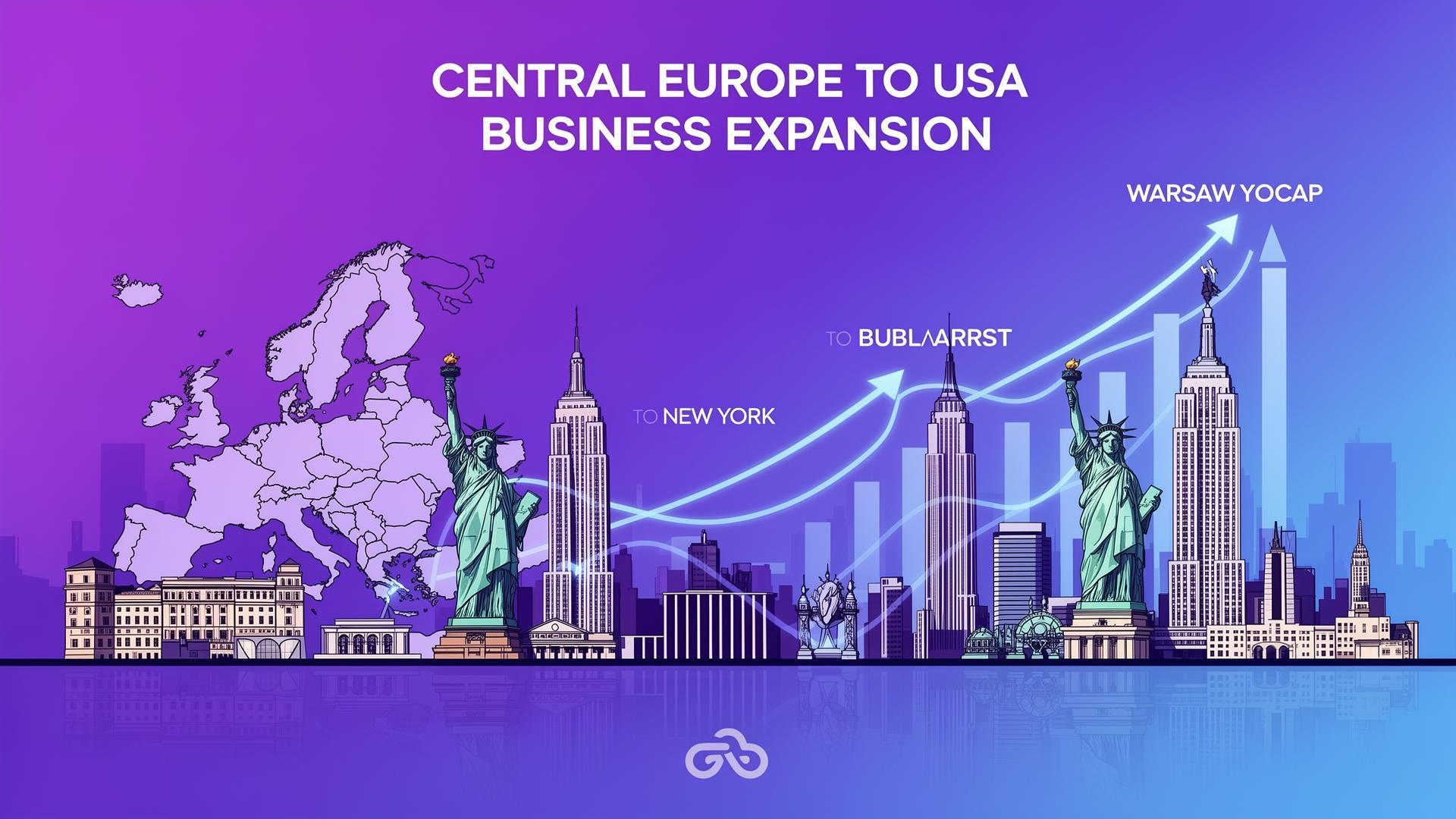 Polish and Romanian startups expanding to US market - Central Europe to USA business growth concept with European map and American landmarks