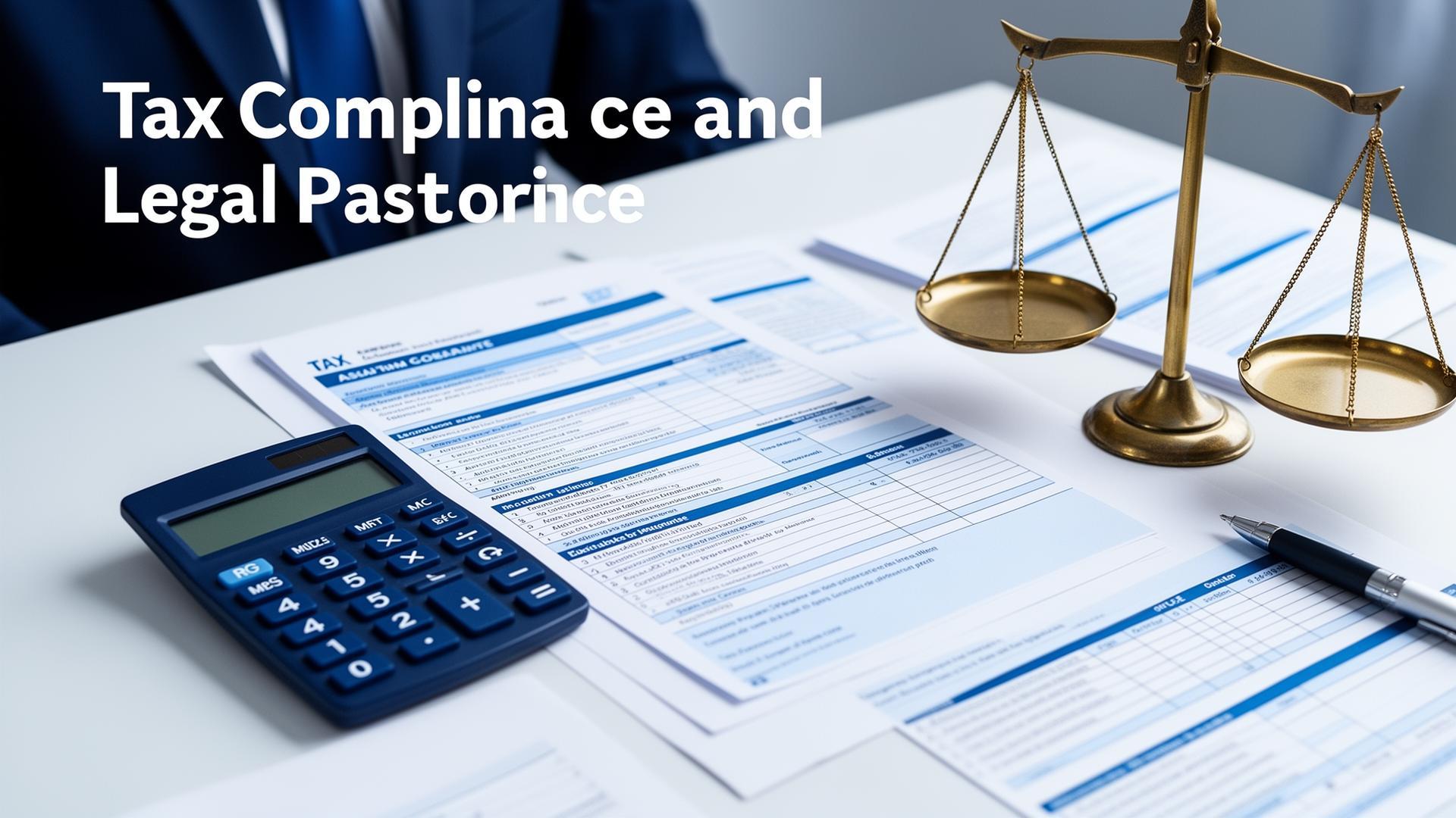 Tax compliance for international founders - professional workspace with tax forms, calculator and scales of justice representing US and UK tax obligations